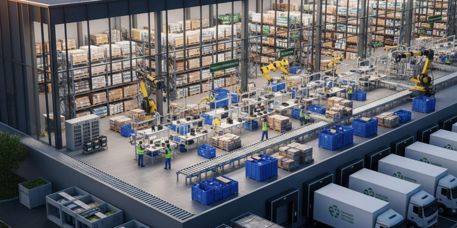 Drohnenansicht eines großen, nachhaltigen Logistikzentrums mit Solarpaneelen auf dem Dach, in dem Prozesse der Reverse Logistics und des Recyclings stattfinden, inklusive LKW an den Laderampen und automatisierter Retourenabwicklung im Inneren